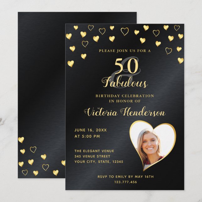 50 & Fabulous Imitate Black Metallic & Gold Geburt Einladung (Vorne/Hinten)