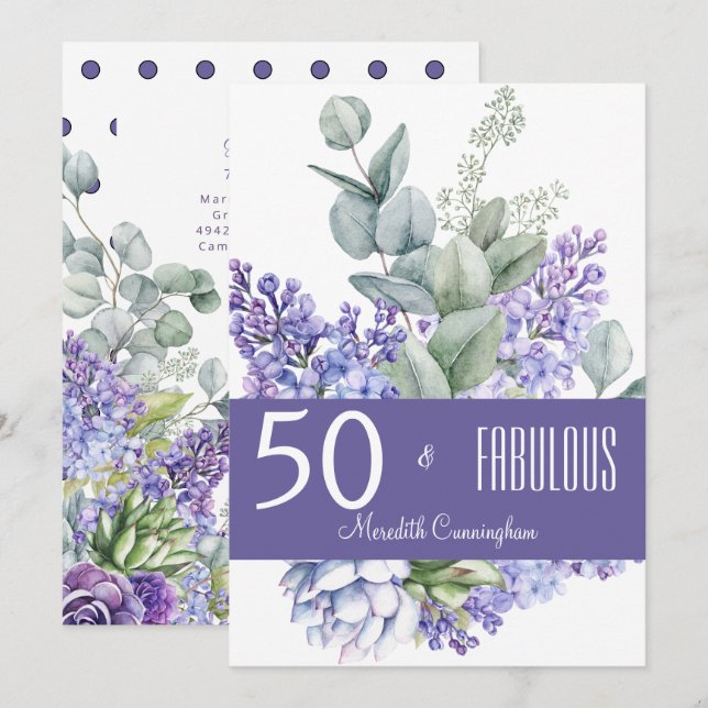 50 & Fabulous Lavender Floral Wasserfarbe Einladung (Vorne/Hinten)
