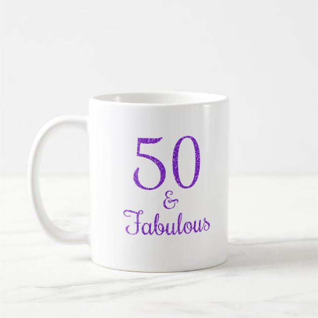 50 & Fabulous Lila Glitzer Typografie Kaffeetasse (Links)