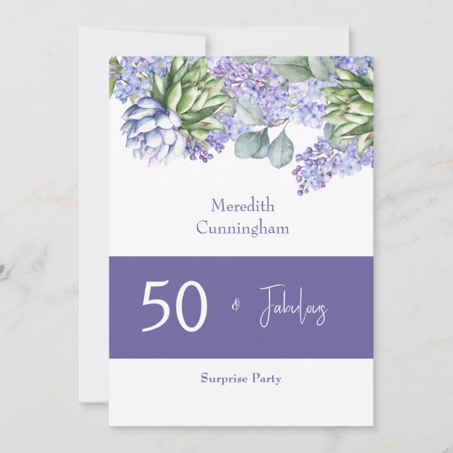 50 & Fabulous Lila Lilacs Watercolor II Einladung (Vorderseite)