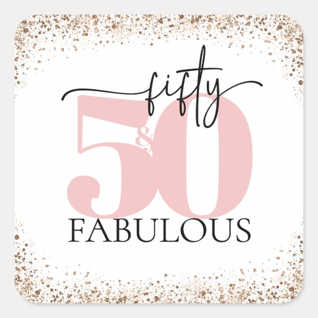 "50 & Fabulous" Minimal Rosa und Schwarzer Glitzer Quadratischer Aufkleber (Vorderseite)