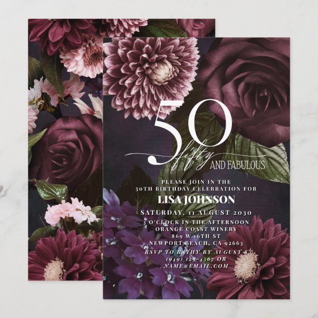 50 & Fabulous Modern Dark Moody Burgundy Floral Einladung (Vorne/Hinten)