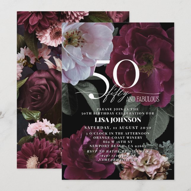50 & Fabulous Modern Dark Moody Burgundy Pink Einladung (Vorne/Hinten)