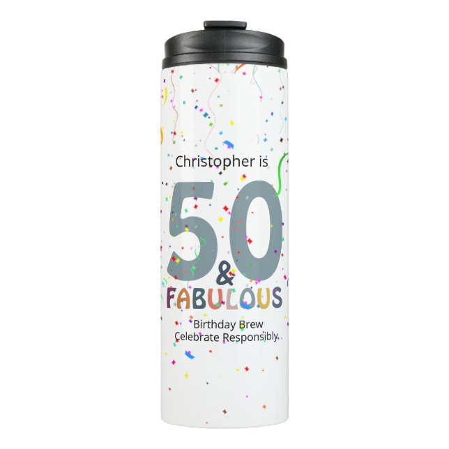 50 & Fabulous Personalisiert Blue Confetti Geburts Thermosbecher (Vorderseite)