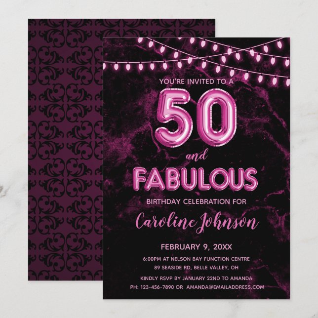 50 & Fabulous Pink Ballon Birthday Einladungen (Vorne/Hinten)