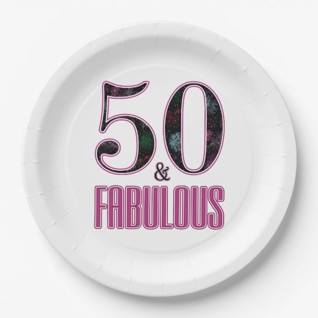 50 & Fabulous Pink Black Typografy 50 th Birthday Pappteller (Vorderseite)