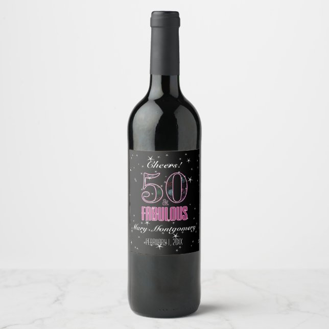 50 & Fabulous Pink Black Typografy 50 th Birthday Weinetikett (Vorderseite)