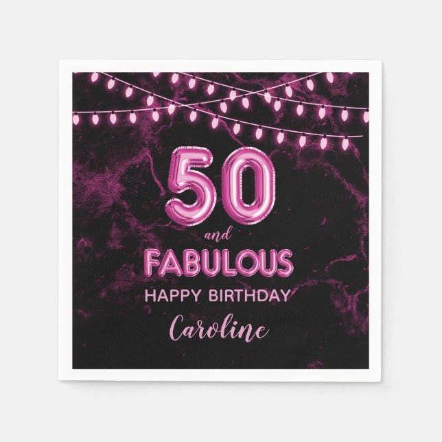 50 & Fabulous Pink Foil Balloons & String Lights Serviette (Vorderseite)