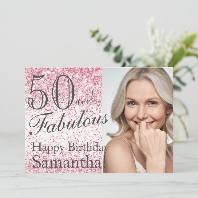 50 & Fabulous Pink Glitzer Confetti Geburtstag Einladung (Stehend Vorderseite)