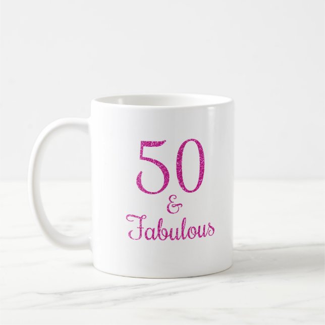 50 & Fabulous Pink Glitzer Typografie Kaffeetasse (Links)