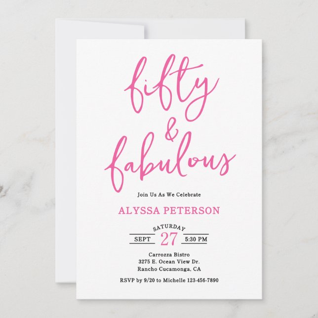 50 & Fabulous Pink Modern Script 50th Birthday  Einladung (Vorderseite)