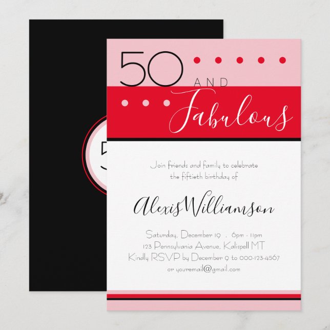 50 Fabulous Pink Red Modern Birthday Einladung (Vorne/Hinten)