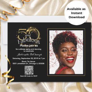 50 & Fabulous QR Code Black Gold Instant Download Einladung