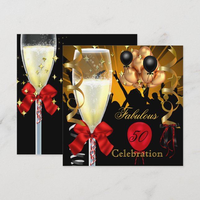 50 & Fabulous Red Gold Black Birthday Party Einladung (Vorne/Hinten)