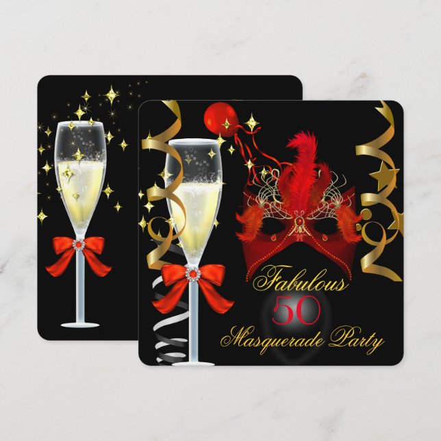 50 & Fabulous Red Gold Black Masquerade Party Einladung (Vorne/Hinten)