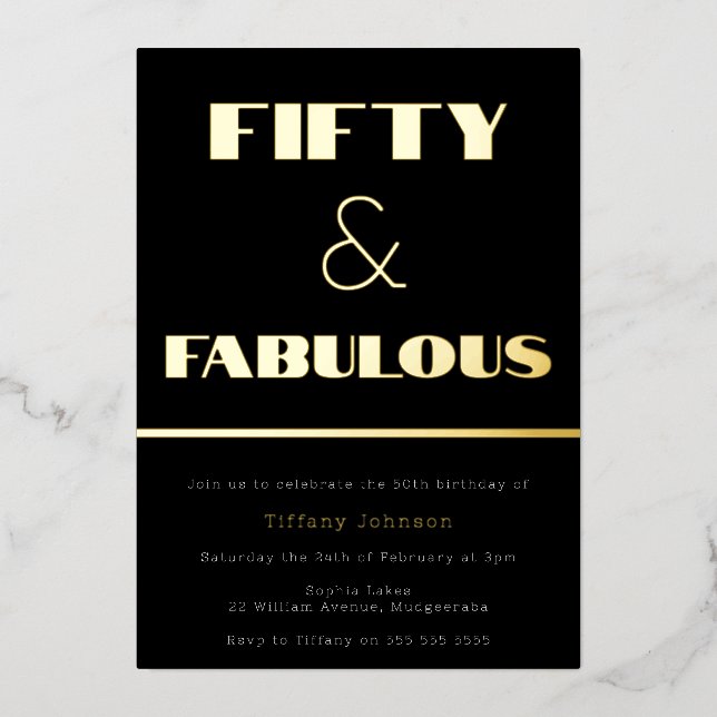 50 & Fabulous! Retro Black & Gold 50. Geburtstag Folieneinladung (Vorderseite)
