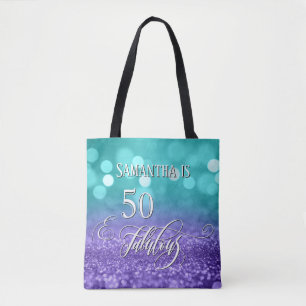 50 & Fabulous Schriftzug Schimmernd Türkis Lila Om Tasche