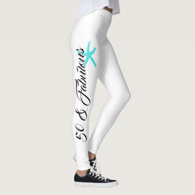 50 & Fabulous Schwarz-weiß Aquamarin Blue Starfish Leggings (Rechts)