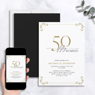 50 & Fabulous Schwarz-weiß & Gold Geburtstag Einladung