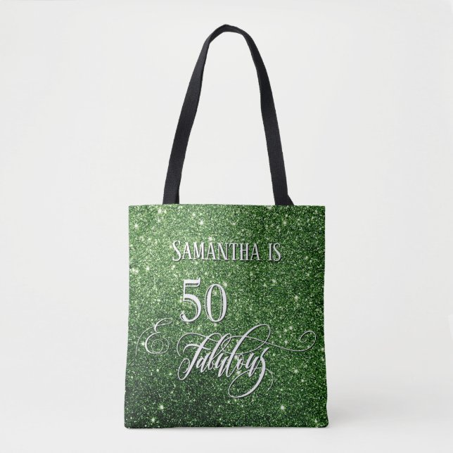 50 & Fabulous Script Sparkling Deep Green Glitzer Tasche (Vorderseite)