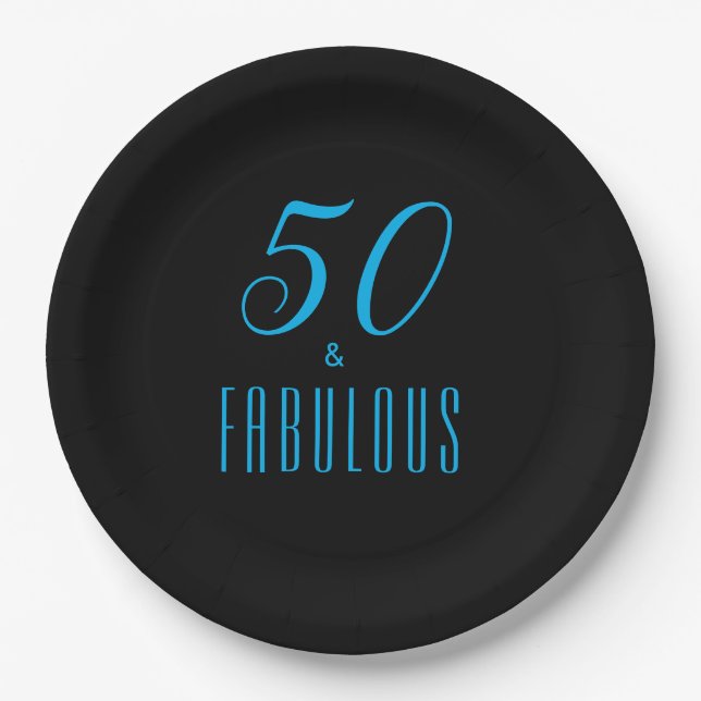 50 & Fabulous Sky Blue Black Pappteller (Vorderseite)