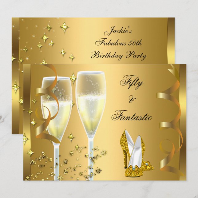 50 & Fantastic Elegant Champagner Heelse Gold Einladung (Vorne/Hinten)