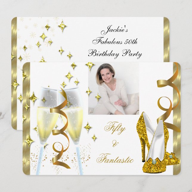 50 & Fantastic Elegant Champagner Heelse Gold Foto Einladung (Vorne/Hinten)