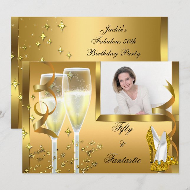 50 & Fantastic Elegant Champagner Heelse Gold Foto Einladung (Vorne/Hinten)