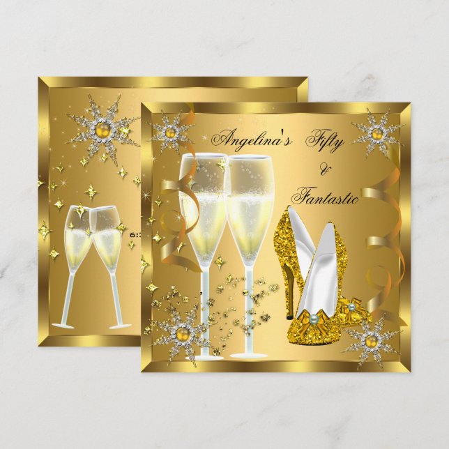 50 & Fantastische Champagner Heelse Gold Snowflake Einladung (Vorne/Hinten)