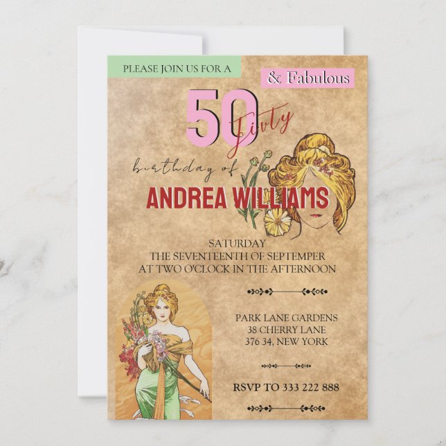 50 Fantastische Geburtstagsparty, Kunst, Frühlings Einladung (Vorderseite)