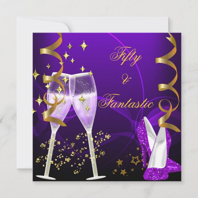 50 & Fantastische Lila Champagnerschuhe Einladung (Vorderseite)