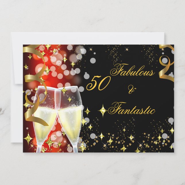 50 & Fantastisches Red Gold Champagner Party Einladung (Vorderseite)