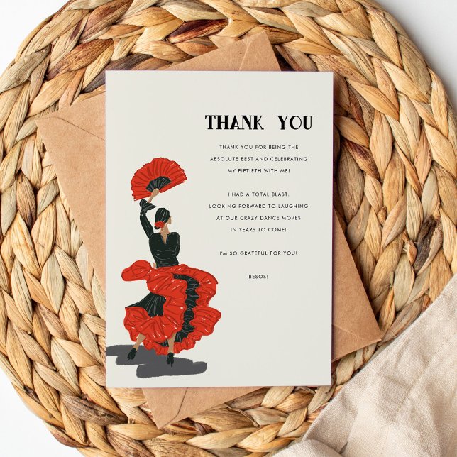 50. Flamenco-Tänzerin Geburtstagsparty Dankeskarte (Red and black flamenco dancer illustration Thank You flat card.)