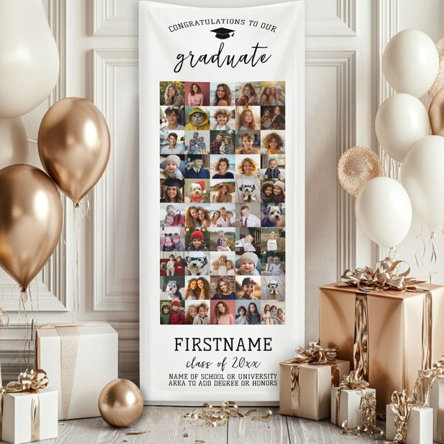 50 Foto Collage Abschluss Moderner Minimal Weiß Banner (Custom Graduation Banner - Great for a backdrop or Grad Party Decoration)