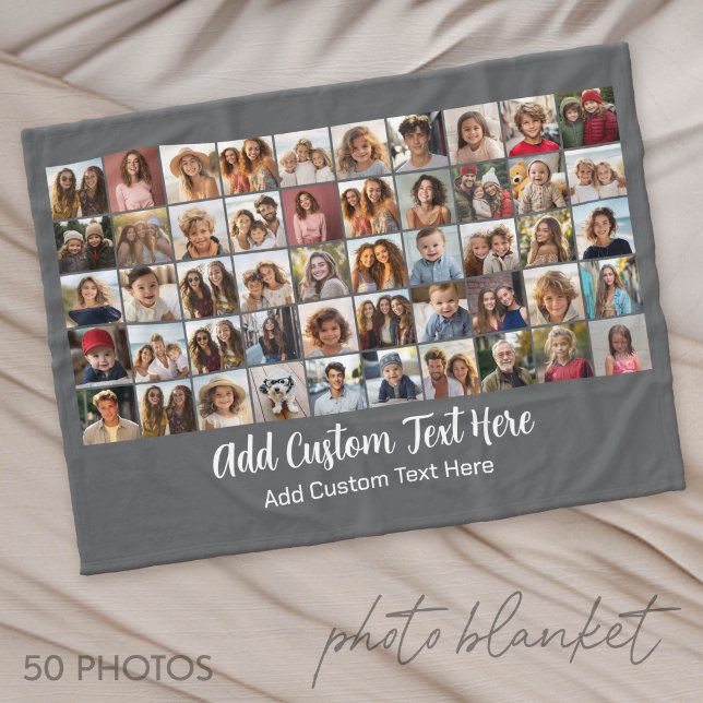 50-Foto-Collage-Raster - Skripttext - grau Fleecedecke (Photo Blanket - Custom Pictures in a Collage)