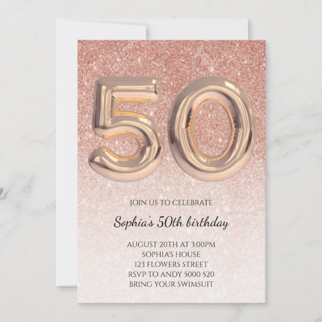 50. Frauen Geburtstag Rose Gold Glitzer Elegant Einladung (Vorderseite)
