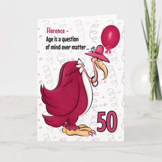 50. Funny Birthday Pink Buzzard mit Namen Karte (Vorderseite)