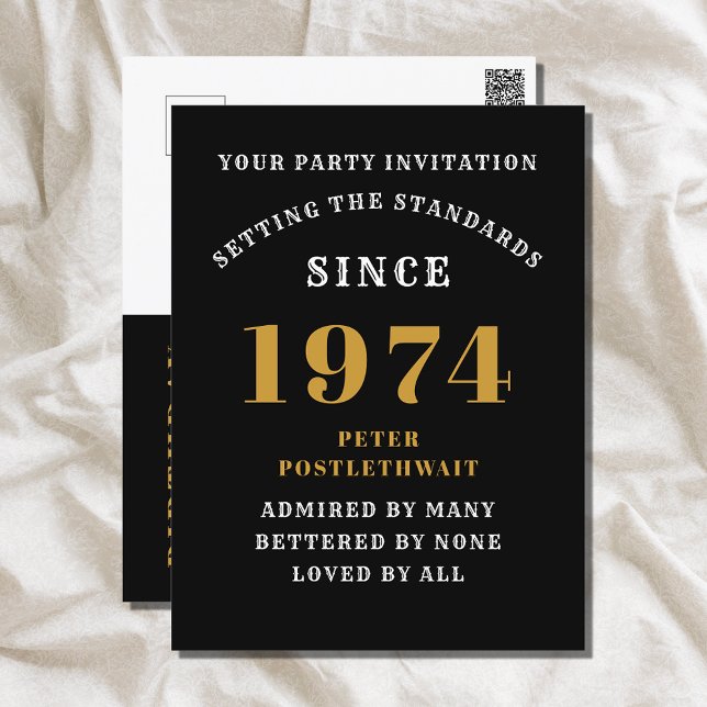 50. Geburtstag 1974 Schwarzes Gold Einladung Postkarte (Elegant Black and Gold 50th Birthday Invitation - Create Your Own Personalized Design.)