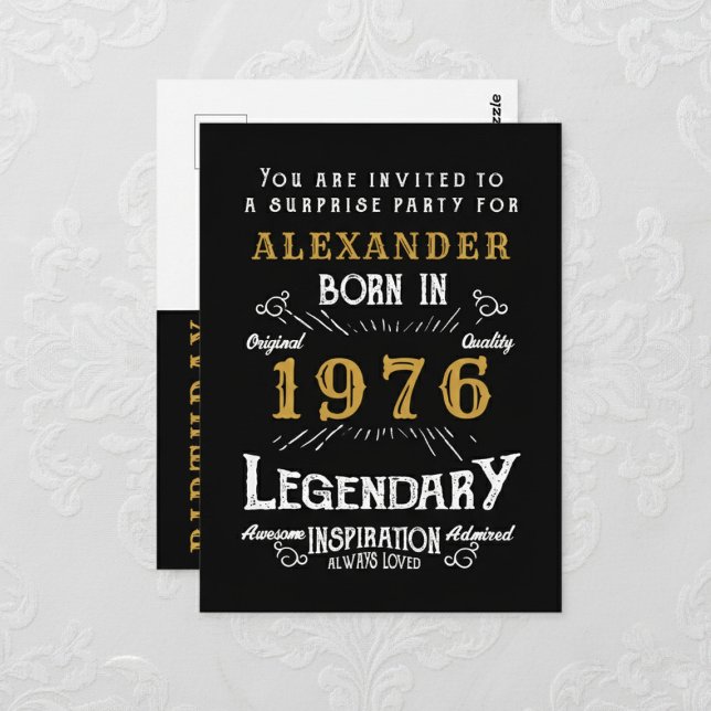 50. Geburtstag 1976 Schwarz Gold Legende Einladung Postkarte (1976 birthday invitation postcard. Background white lace.)