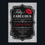 50. Geburtstag - 50. Fabelhaftes Schwarzes Rotes S Einladung<br><div class="desc">Einladung zum 50. Geburtstag. Elegantes Schwarz-weißes Design mit Imitaten Glitzer Silber. Enthält rote Lippen Kuss,  Konfetti und Skript-Schriftart. Ideal für eine elegante Geburtstagsfeier. 50 Fabelhaft! Nachricht,  wenn Sie weitere Anpassungen benötigen.</div>