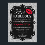 50. Geburtstag - 50. Fabelhaftes Schwarzes Rotes S Einladung<br><div class="desc">Einladung zum 50. Geburtstag. Elegantes Schwarz-weißes Design mit Imitaten Glitzer Silber. Enthält rote Lippen Kuss,  Konfetti und Skript-Schriftart. Ideal für eine elegante Geburtstagsfeier. 50 Fabelhaft! Nachricht,  wenn Sie weitere Anpassungen benötigen.</div>
