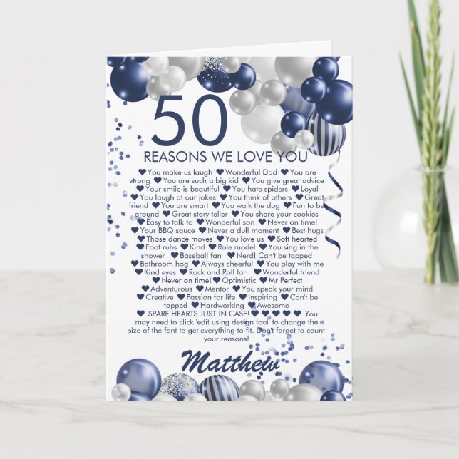 50. Geburtstag 50 Gründe für unsere Liebe Karte (Vorderseite)