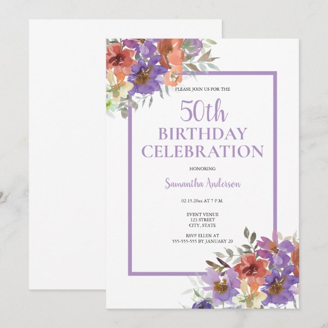 50. Geburtstag Aquarellfarben Einladung (Vorne/Hinten)