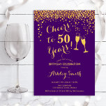 50. Geburtstag - Bis zu 50 Jahre Gold Lila Einladung<br><div class="desc">Einladung zum 50. Geburtstag. Bis 50 Jahre! Elegantes Design in lila und gold. Mit Champagnergläsern,  Script-Schriftart und Konfetti. Ideal für eine stilvolle 50. Geburtstagsfeier. Personalisieren Sie Ihre persönlichen Daten. Kann für jedes Alter angepasst werden.</div>