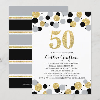 50. Geburtstag Black Gold Gray Glitzer Confetti Einladung