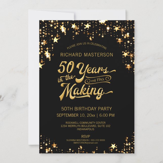 50. Geburtstag Black & Gold Stars Einladung (Vorderseite)