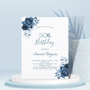 50. Geburtstag blaue Blumen weiße Schrift Postkarte