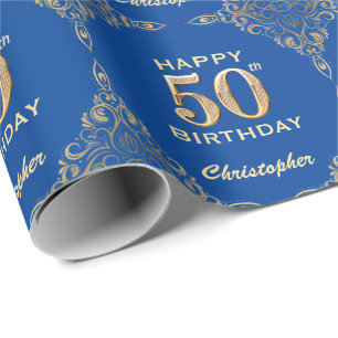 50. Geburtstag Blue and Gold Glitzer Frame Geschenkpapier
