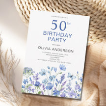 50. Geburtstag Blue Floral Botanical