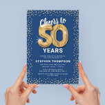 50. Geburtstag Blue Gold Einladung<br><div class="desc">Elegante 50. Geburtstagsfeier mit einem trendigen,  blauen Hintergrund,  der in jede Farbe verändert werden kann,  funkelnd Glitzer,  fünfzig goldenen Helliumballons und einer modernen,  leicht personalisierbaren Textvorlage zum 50. Geburtstag.</div>
